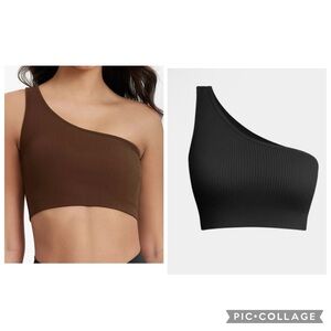 OQQ One-Shoulder Ribbed Crop Top - 1 Brown and 1 Black